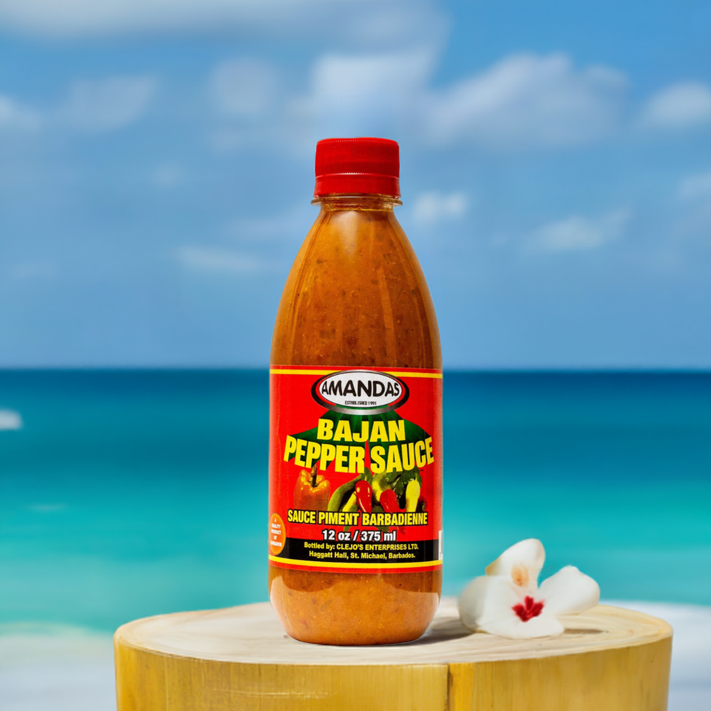 pepper sauce on tree stump with beach view