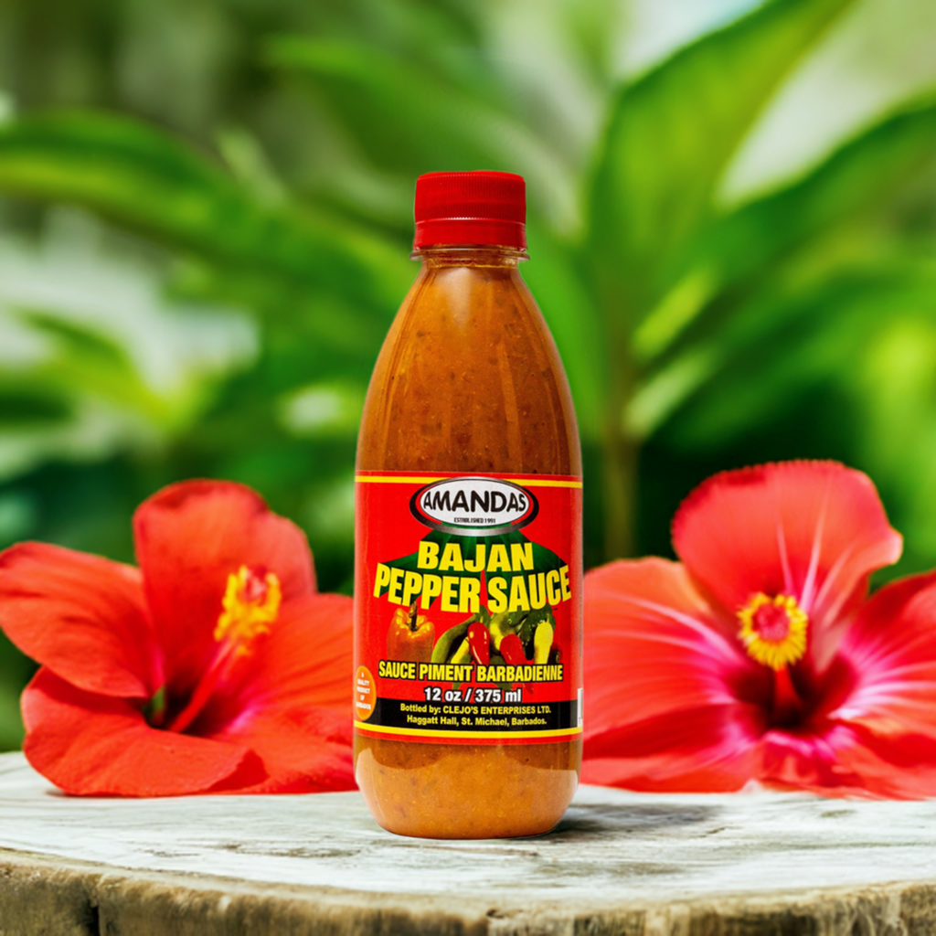 pepper sauce on tree stump with hibiscus